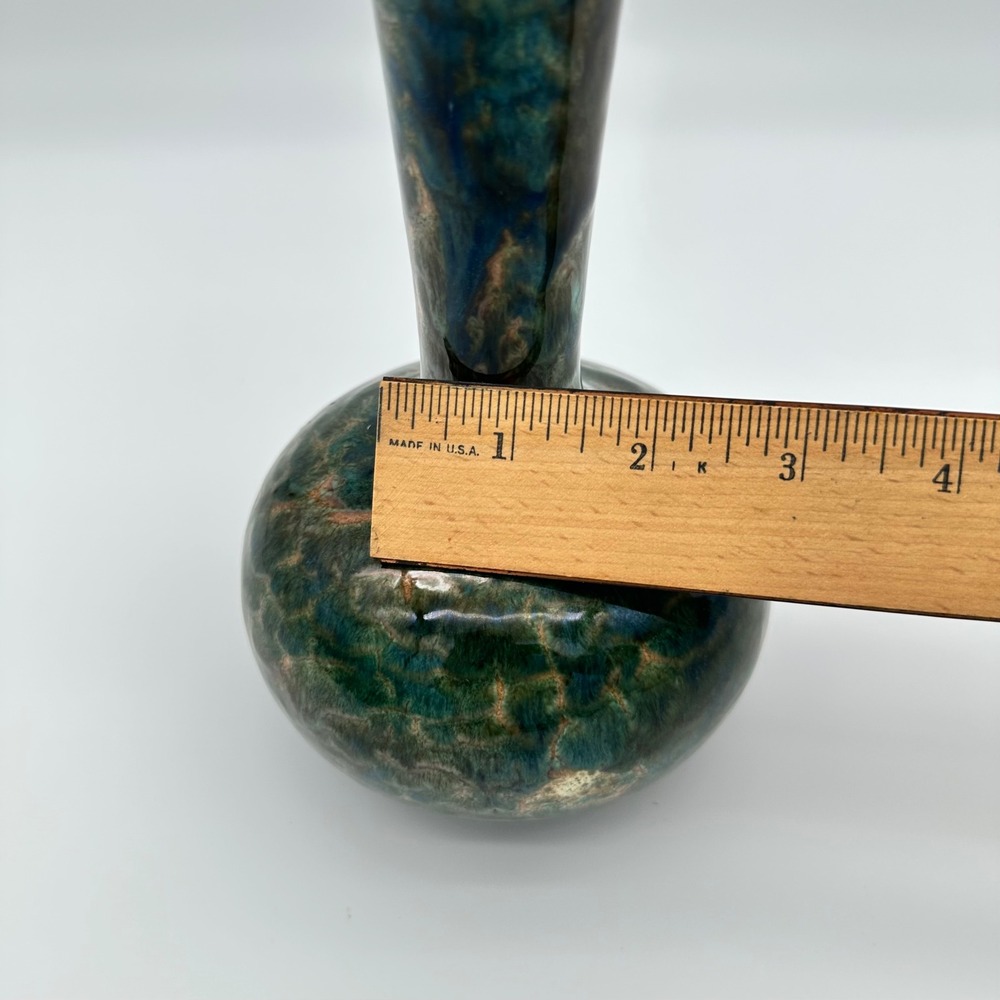 Blue Mountain Pottery Bud Vase 383 8.5" Teal Green Drip Glaze Slant Rim Vintage - Picture 10 of 16